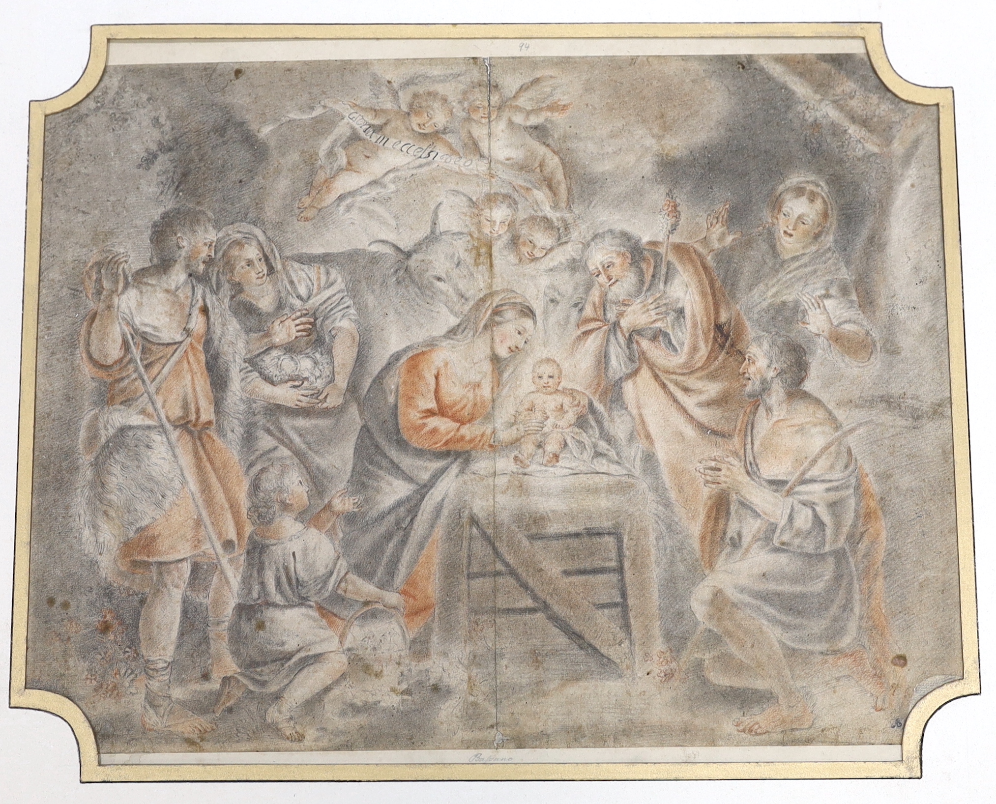 Manner of Jacopo Bassano (Italian, 1510-1592), old master, pencil and charcoal, ‘Nativity’, collectors stamp lower right, mounted, unframed, 44 x 54cm